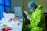 A person in protective attire, including a bright green suit, gloves, a face mask, and a hair cap, is working in a laboratory setting. They are holding a syringe and appear to be performing some tests or experiments. Numerous test tubes, some with red caps and filled with liquid, are organized on a table. The room has scientific equipment, including a centrifuge, and blue curtains allow natural light to filter through the window.