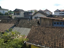 A cluster of houses with brown tiled roofs is seen under a clear sky. The houses have varying heights and designs, with some featuring wooden and brick elements. Lush green trees are visible in the foreground, adding a natural element to the urban landscape.