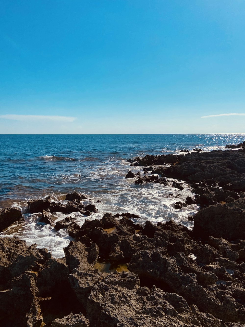 昼間の青空の下の岩だらけの海岸