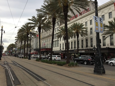 A street scene featuring palm trees lining the sidewalk, with a historic building housing a hotel and various shops including a fast-food restaurant. The streetcar tracks run down the middle of the road, with cars parked on the side and a pedestrian walking nearby. Banners advertising a jazz festival hang from the streetlights.