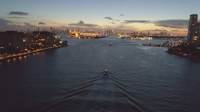 View of Buenos Aires skyline from a boat during a twilight cruise.