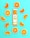 A bottle of orange juice is centrally placed among various orange slices on a bright turquoise background. The label on the bottle indicates it is 100% natural orange juice.