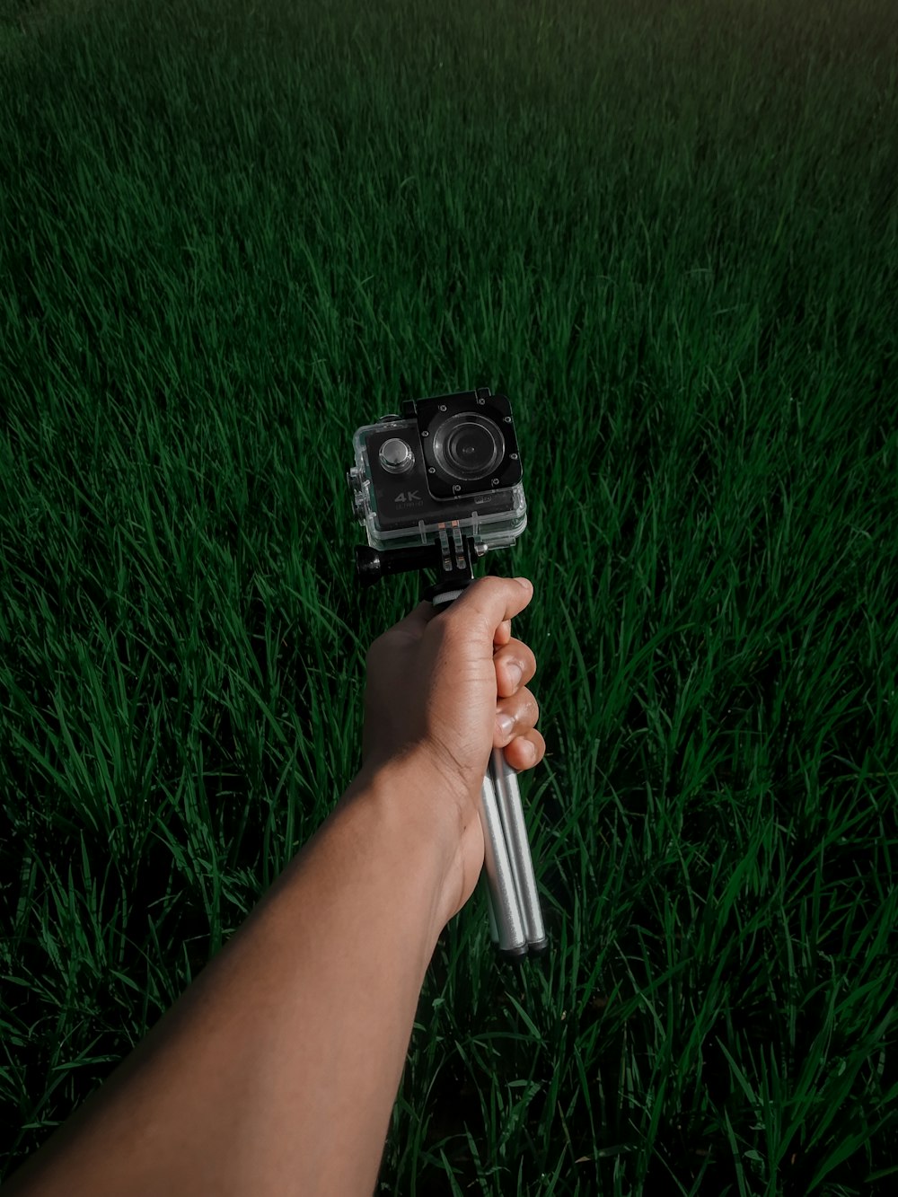 person holding black and silver camera