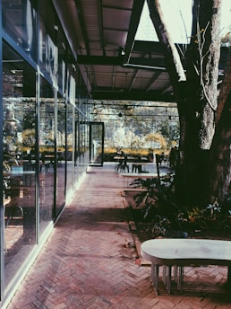 A serene outdoor seating area bathed in warm sunlight, surrounded by lush greenery.