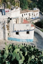 A quaint hillside village scene featuring whitewashed buildings with blue accents, surrounded by lush greenery and cacti in the foreground. An outdoor terrace with hanging laundry adds an authentic charm, while a winding cobblestone path leads through the village.
