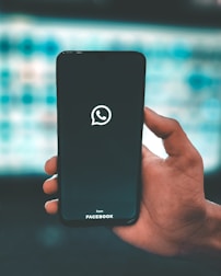 A hand is holding a smartphone displaying the WhatsApp logo on its screen. The text 'from Facebook' appears below the logo. The background is blurred, with cool blue tones and a grid-like pattern.