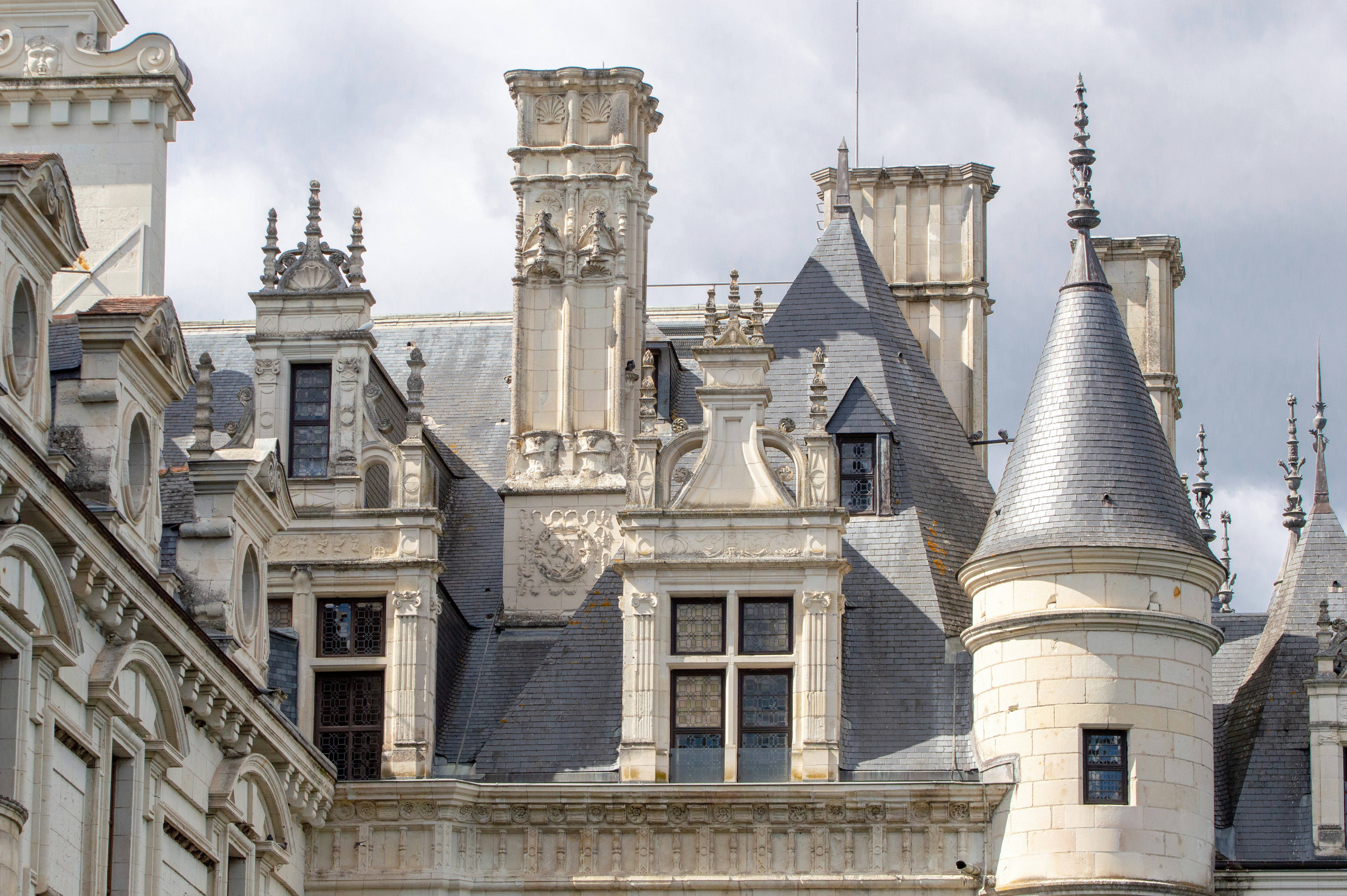 French château stone architecture with ivy, overcast sky, dim atmospheric light, shadowed estate walls