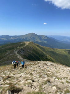 Hikers walking along a forest trail in the Rhodope Mountains under a clear blue sky.