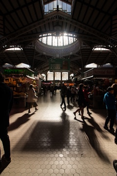 Interior view of a traditional market hall with a large skylight ceiling allowing sunlight to stream in, casting shadows on the tiled floor. Various stalls with colorful displays of fruits, vegetables, and other goods. People are walking around and shopping, some engaging with the vendors.