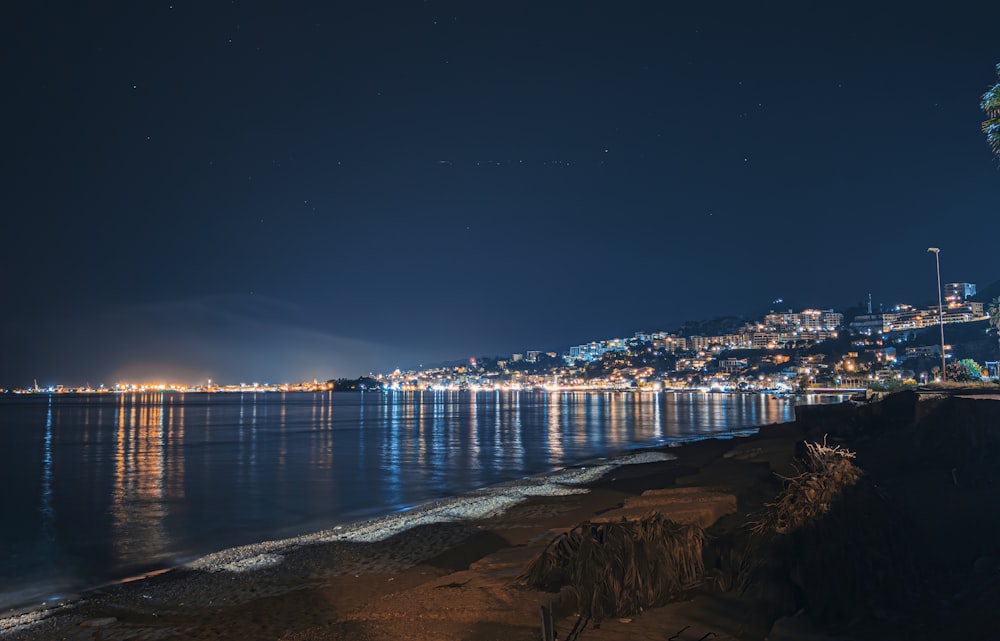 city skyline during night time