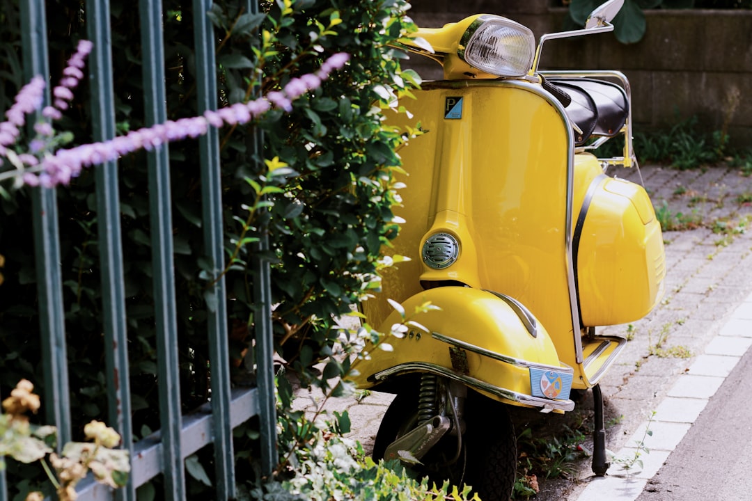 yellow and black motor scooter parked beside green plants during daytime