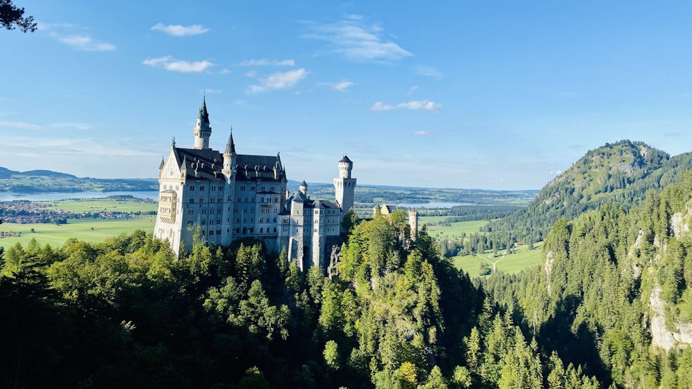 white and blue castle on top of green trees under blue sky during daytime