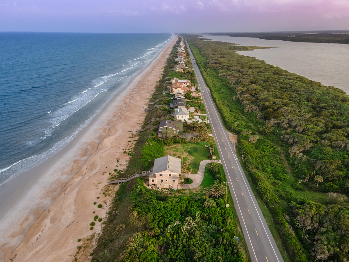Aerial view of green space and homes along A1A in Ponte Vedra Beach near Nocatee