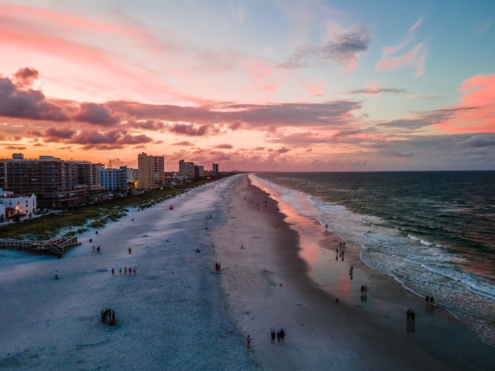 people on beach during sunset