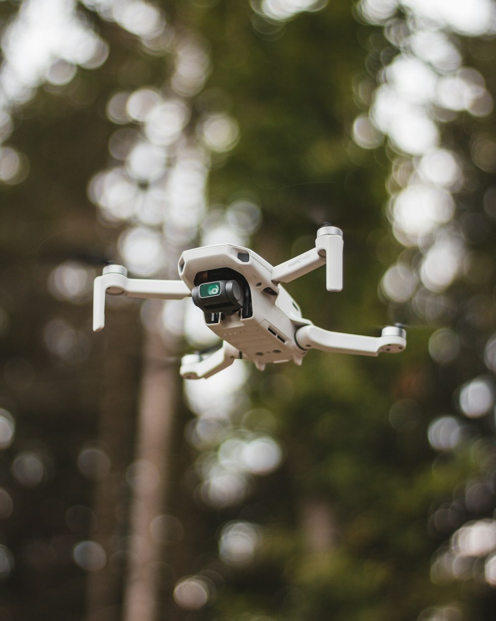 white drone in tilt shift lens