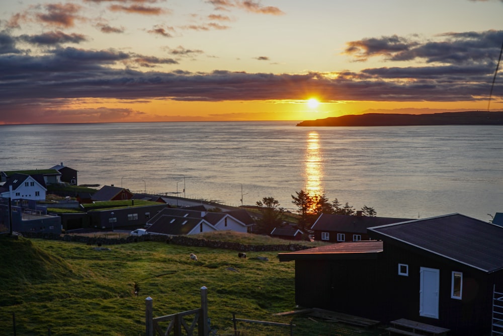 silhouette of houses near body of water during sunset