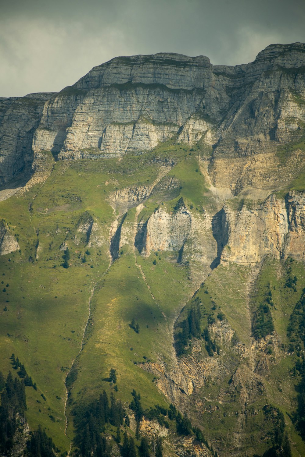 a mountain with a green field below it