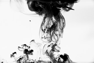 Black ink forms intricate, swirling patterns as it disperses in water against a stark white background. The image captures the fluid motion of the ink creating abstract shapes with varying opacity.