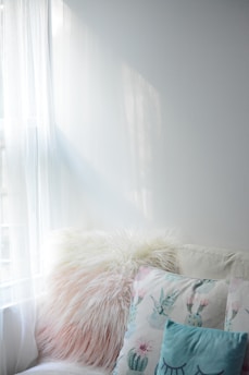 Soft natural light filters through a sheer white curtain onto a cozy arrangement of decorative pillows on a couch. The pillows feature a variety of textures and designs, including a fluffy white one and others with cactus patterns.