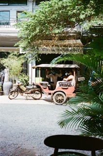 A tuk-tuk and a motorcycle are parked on a gravel path in front of a building with signage partially covered by tree branches. The vehicle is painted in a bright color, and there are people sitting inside. Lush green plants frame the scene, and a pot is visible near the motorcycle. The atmosphere suggests an outdoor, urban environment.