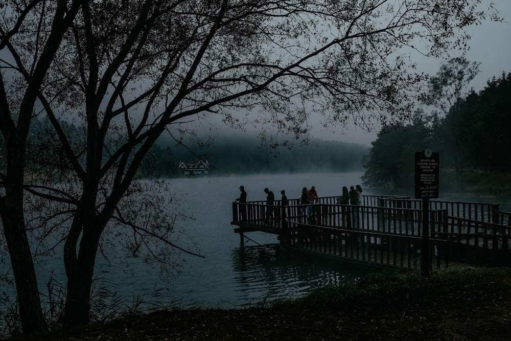personas de pie en un puente de madera sobre un cuerpo de agua durante el clima de niebla