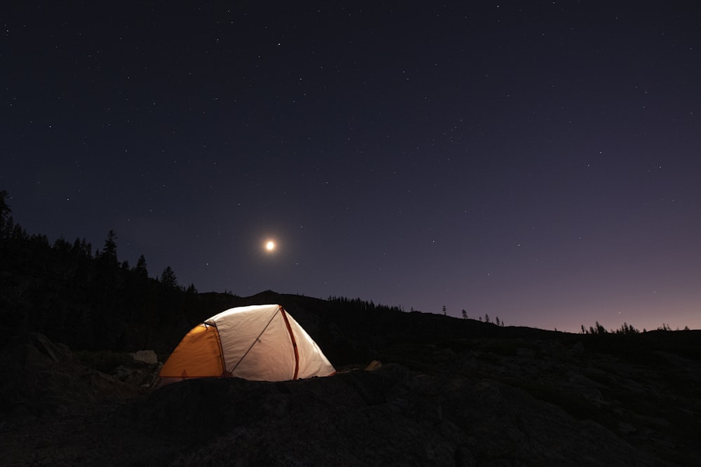 white tent on brown grass field during night time