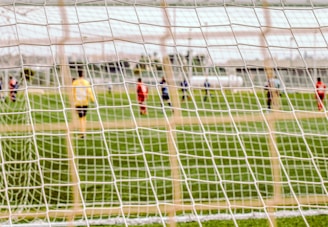 Soft focus on a scoreboard showing 'Coming Soon' with the soccer field in the background.