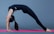 A person performing a yoga backbend pose on a pink yoga mat, wearing a black outfit against a gray background.