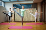 A group stretching together on mats in a bright, calm studio space.