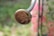 A praying mantis is perched on the circular end of a metal rod. The focus is on the insect and rod, with a blurred background consisting of greenery and hints of pink.