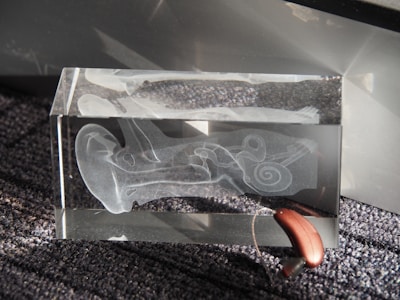 A transparent glass block featuring an etched design of the inner ear anatomy, displaying detailed structures like the cochlea. It is positioned on a textured, dark gray surface with a hearing aid resting partially inside the block.