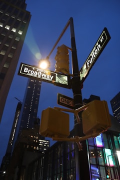 A street sign intersection at Broadway and Fulton Street is illuminated against a deep blue evening sky. Surrounding skyscrapers with lit windows and a traffic light add an urban atmosphere.