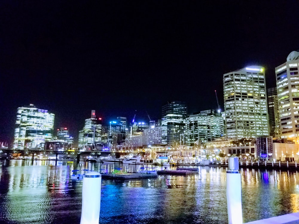 city skyline during night time