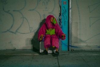 A person in a vibrant pink and green furry costume sits on a bench against a graffitied wall. The scene is dimly lit, adding a surreal and urban atmosphere.