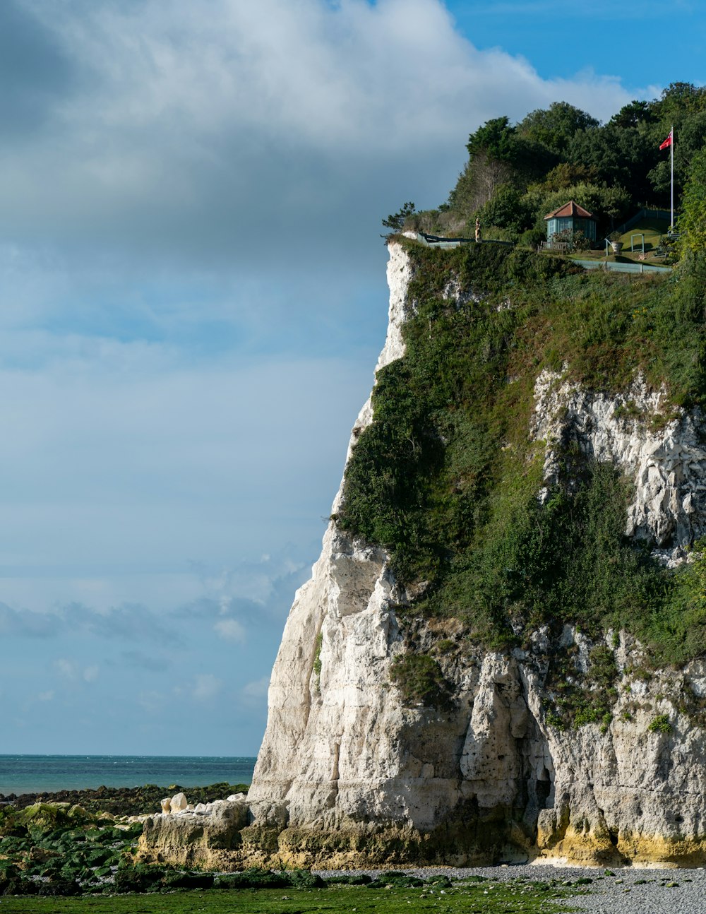 white and green cliff near body of water during daytime