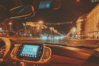 A city street view with GPS tracking overlays showing live traffic updates.