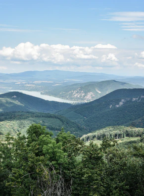 A panoramic view of lush green mountains with a winding river.