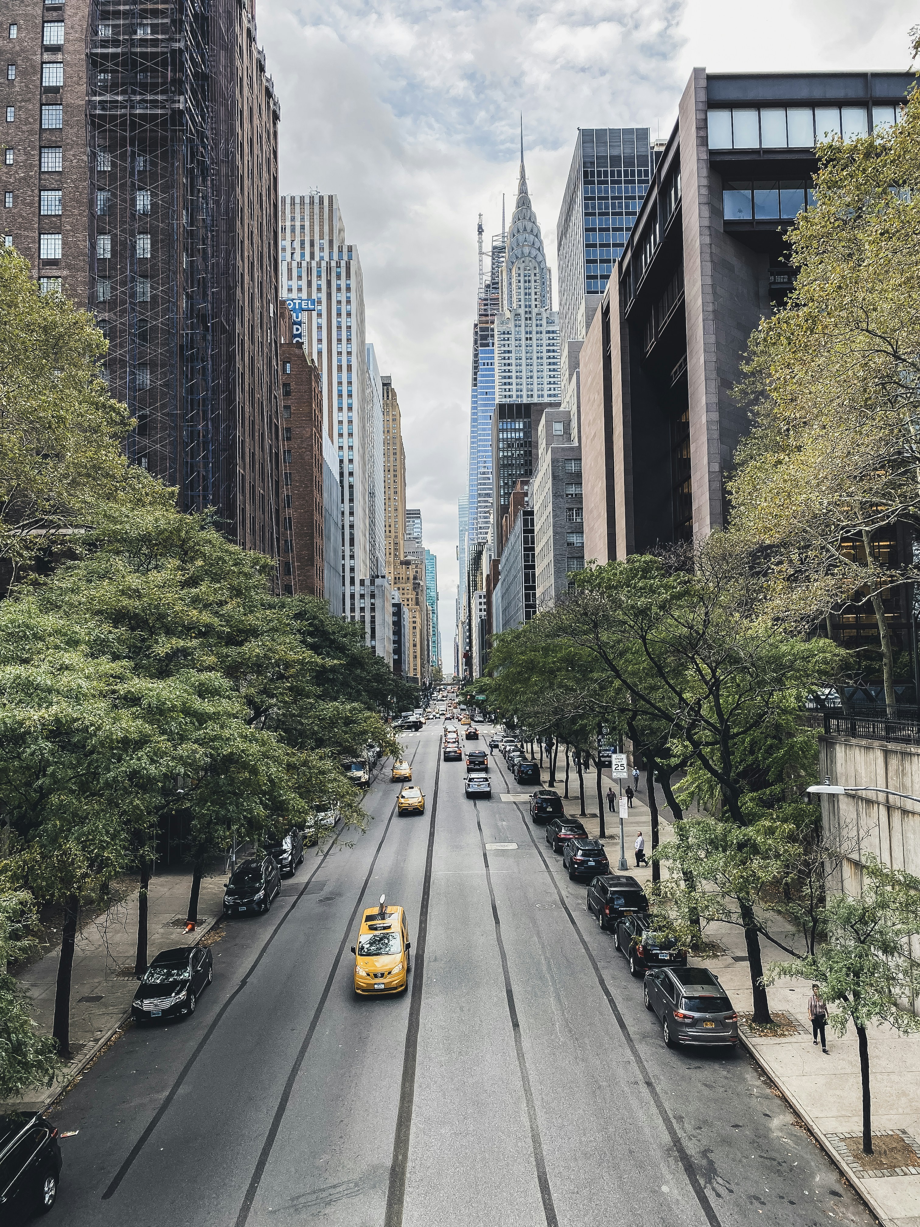 cars on road between high rise buildings during daytime