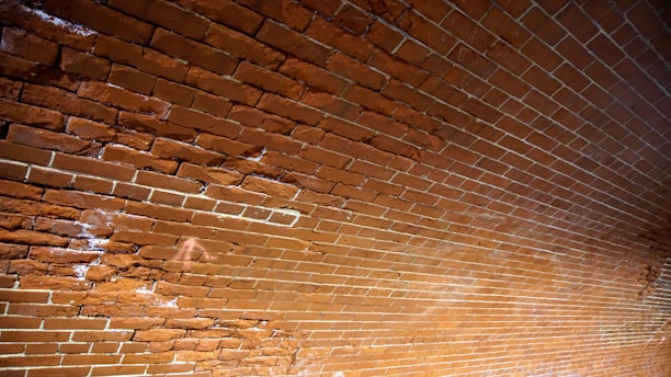 A close-up view of a brick wall with a slightly uneven surface and visible white mortar between the bricks. The bricks have a weathered appearance, featuring various shades of red and brown.