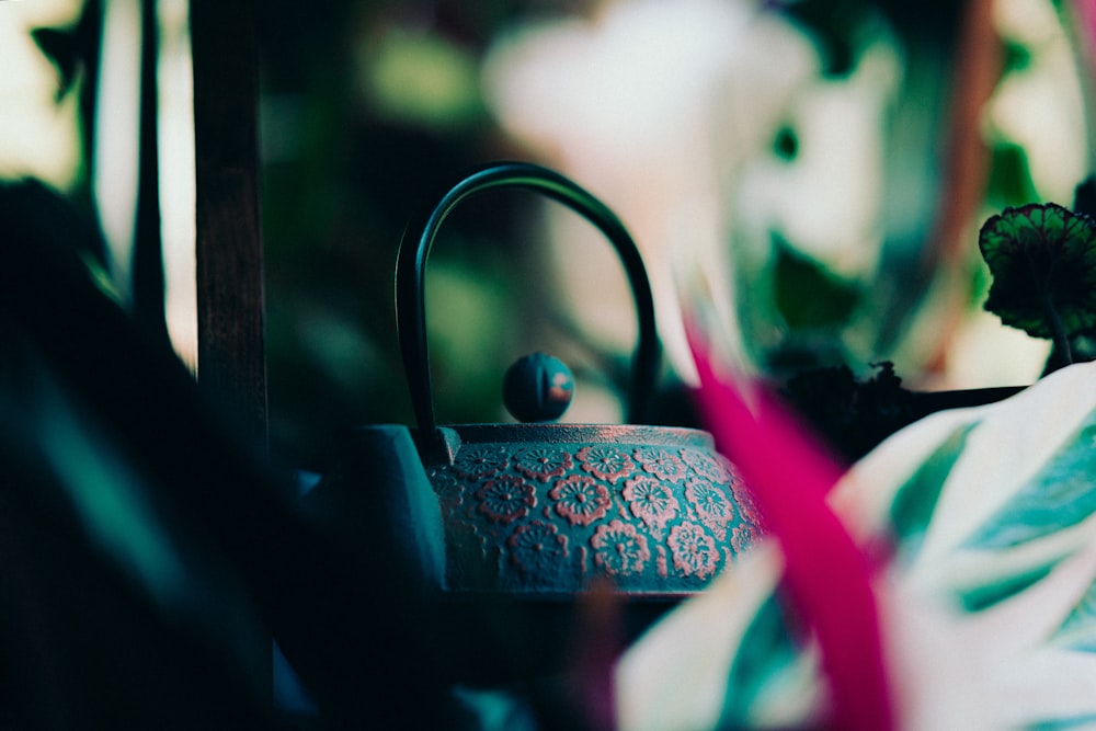 blue and white floral ceramic teapot