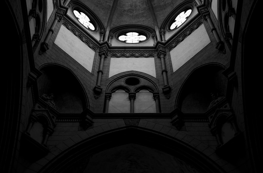 grayscale photo of dome ceiling