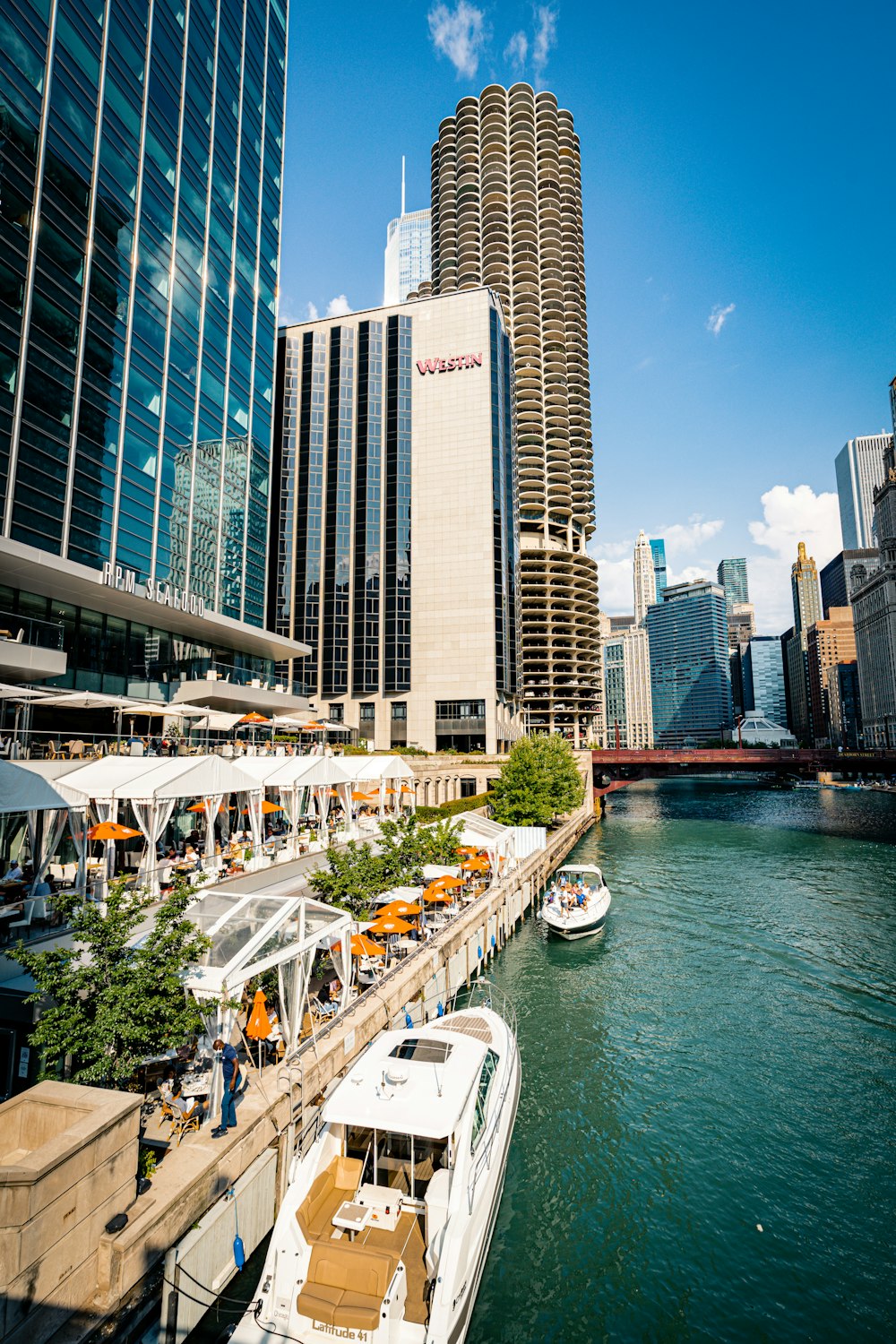 white and blue boat on body of water near city buildings during daytime