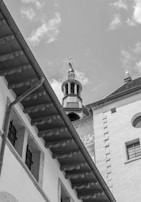 A detailed view of a lightning protection system on a building.