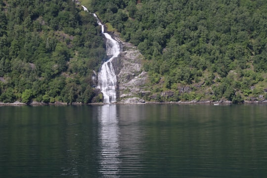 waterfalls in the middle of green trees in Geirangerfjord Norway