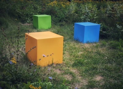 yellow blue and green plastic trash bins on green grass field