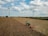 A large agricultural field with two wind turbines in the background. A green tractor is working on the field, which appears dry and harvested. The sky is partly cloudy, creating a serene atmosphere.