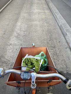 An ecofold bag hanging from a bicycle handlebar on a sunny city street.