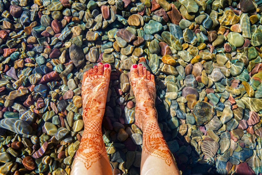 person wearing red and white floral stockings