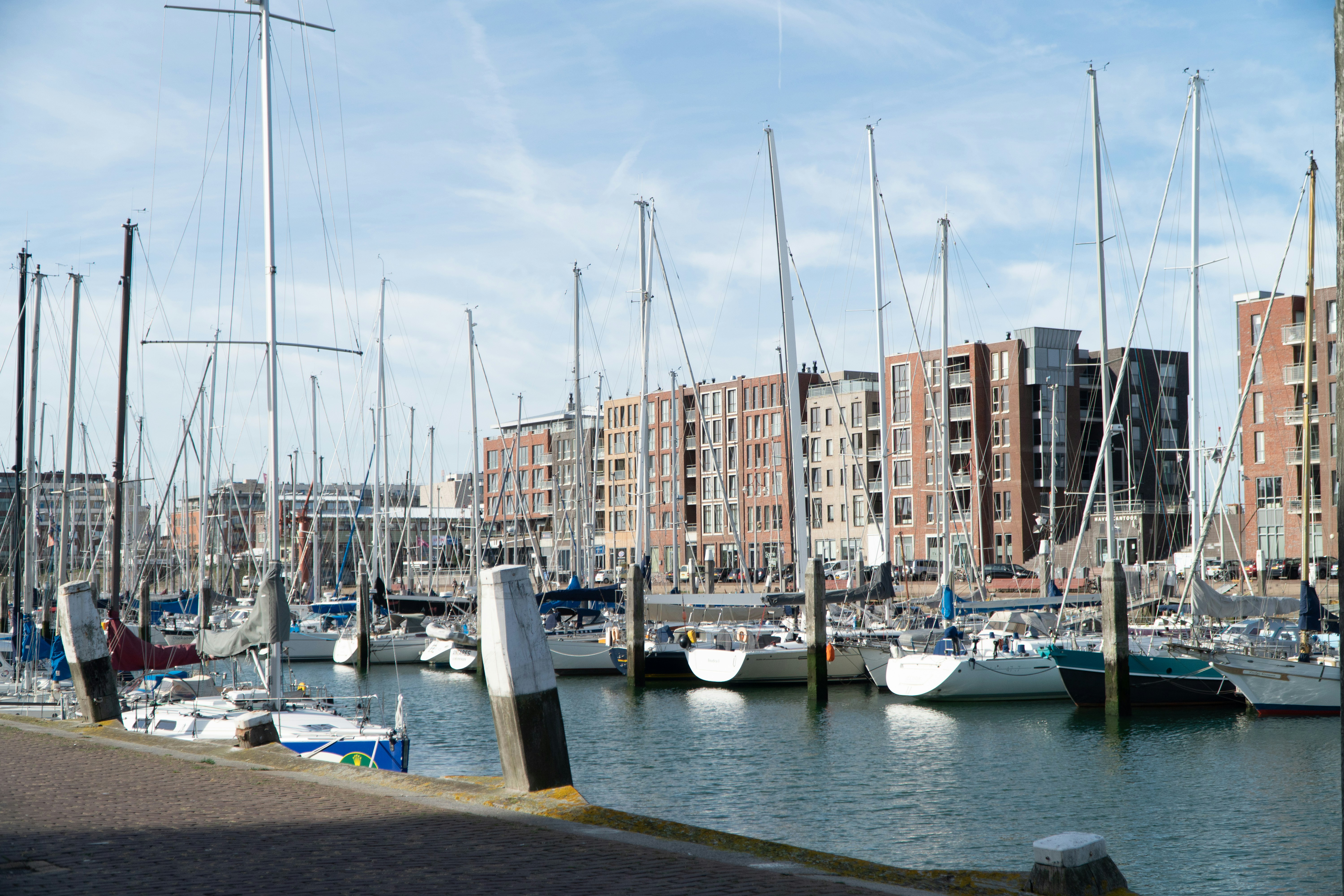 日中のドック上の白と青のボート