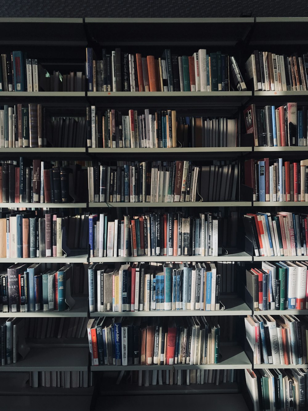 books on white wooden shelves